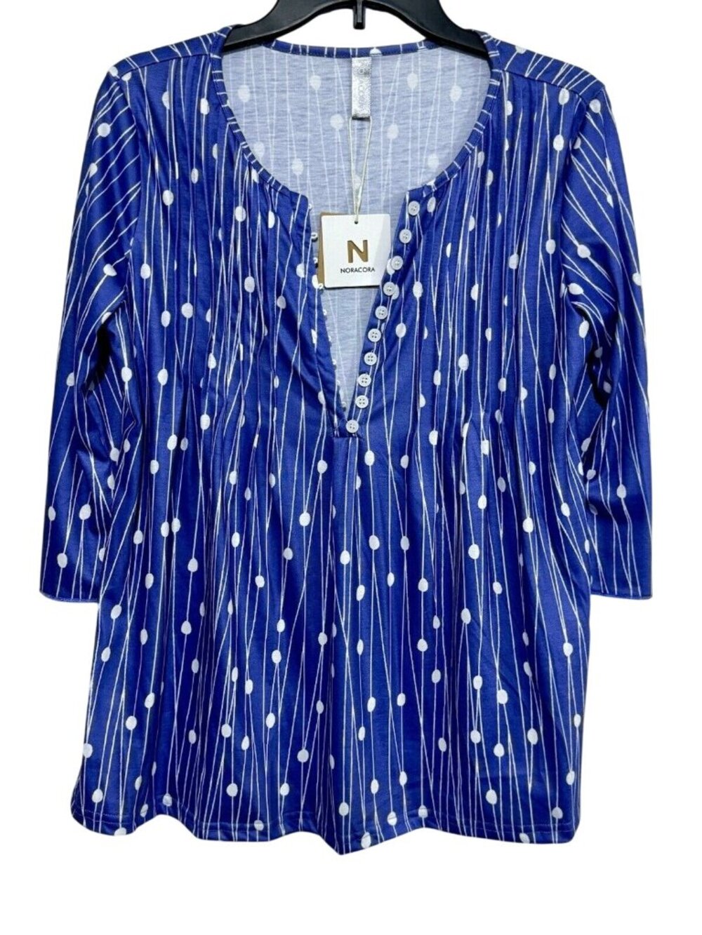 Noracora Blue/White Dotted Long-Sleeve Top Size L With Button Front And V-Neckli